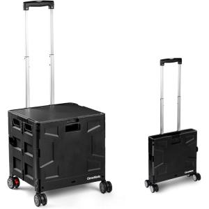 CleverMade Collapsible Wheeled Crate with Lid, 2-Wheels – Stable Rolling Crate with Handle and Large Wheels for Fragile Items, Heavy Loads and Easy Storage – 35L and 75lb Capacity, Black/Cream(Black (35l) – 4 Wheels – Pack of 1)