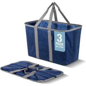 CleverMade EcoBasket Reusable Grocery Tote – Collapsible Storage Shopping Organizer – Heavy Duty Utility Bag Home(Blue/Gray – Ecobasket – Pack of 3)