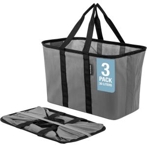 CleverMade EcoBasket Reusable Grocery Tote – Collapsible Storage Shopping Organizer – Heavy Duty Utility Bag Home(Gray/Black – Ecobasket – Pack of 3)
