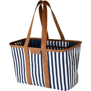 CleverMade EcoBasket Reusable Grocery Tote – Collapsible Storage Shopping Organizer – Heavy Duty Utility Bag Home(Navy Striped – Luxe – Pack of 1)
