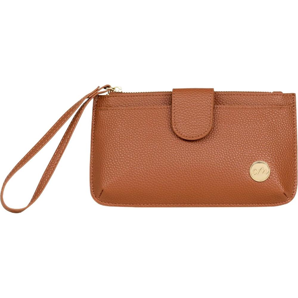 imageCleverMade Premium Zip Pouch Wallet Clutch with Multiple Storage Pockets and Wristlet Strap for Easy CarryingCognac