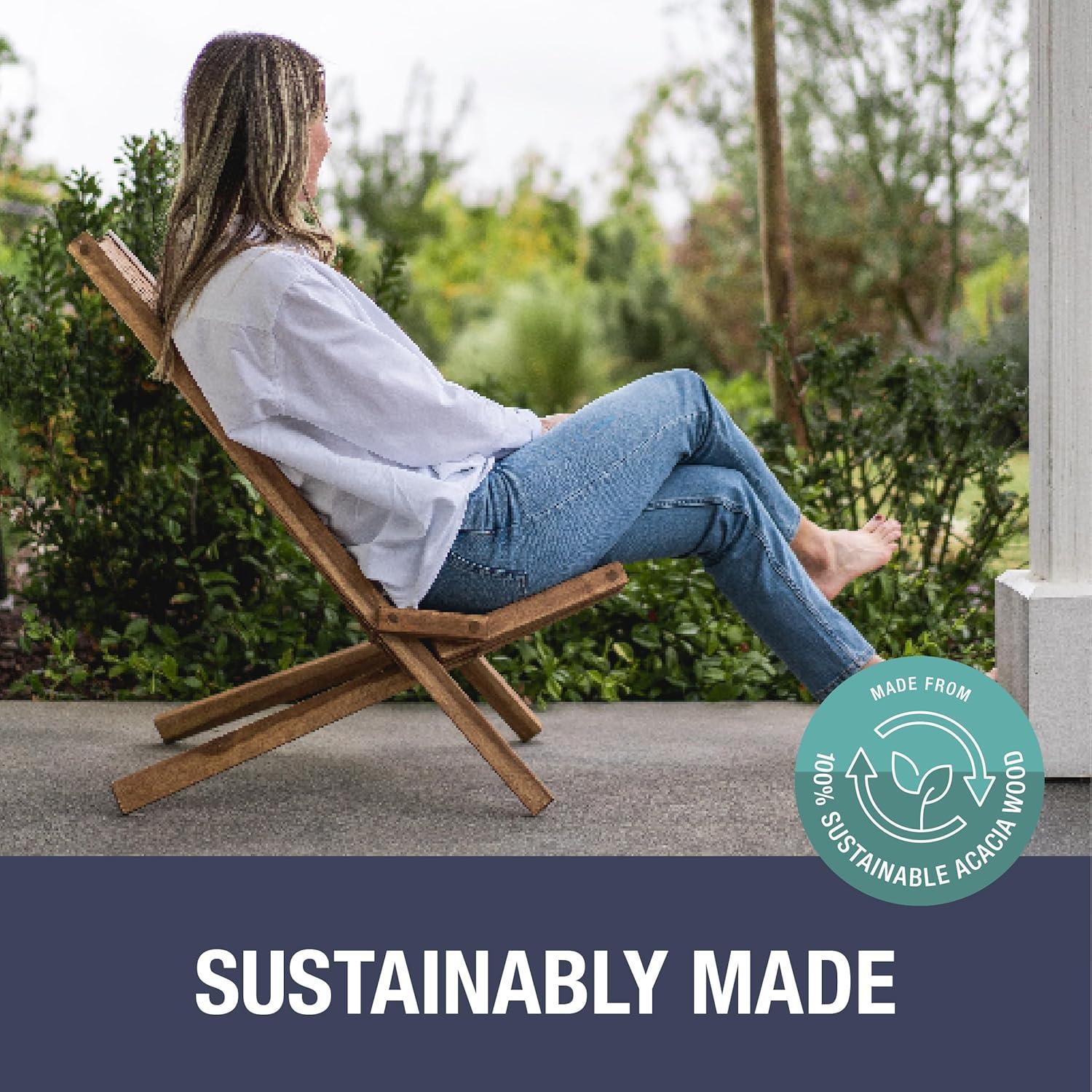 imageCleverMade Tamarack Folding Wooden Outdoor Chair Stylish Low Profile Acacia Wood Lounge Chair for the Patio Porch Lawn Garden Assembly Required Black