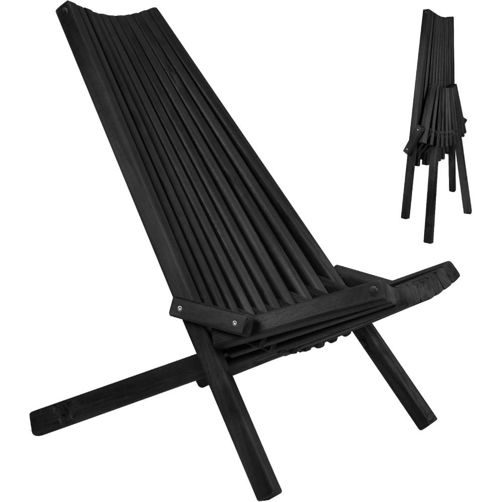 imageCleverMade Tamarack Folding Wooden Outdoor Chair Stylish Low Profile Acacia Wood Lounge Chair for the Patio Porch Lawn Garden Assembly Required Black