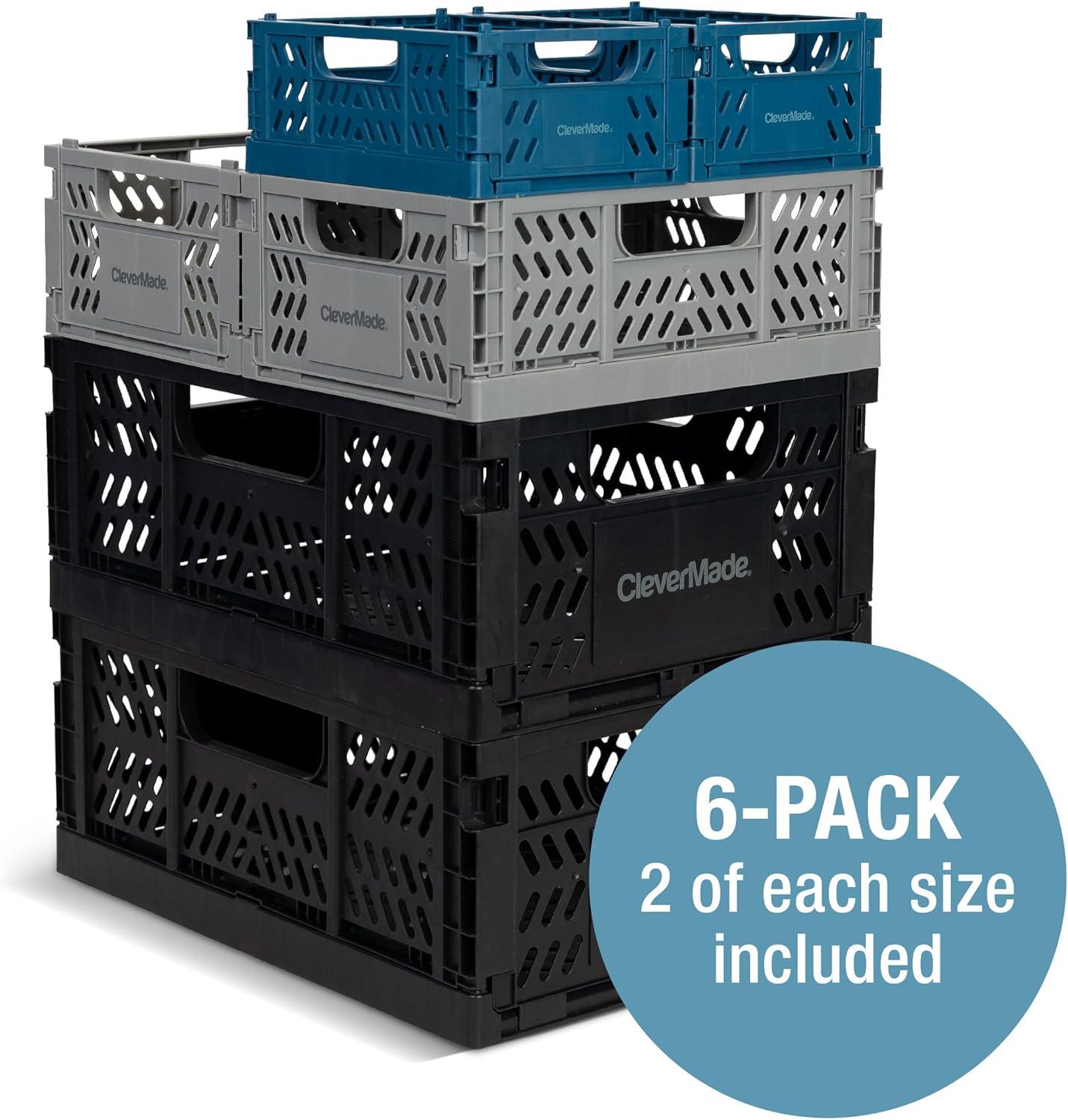image:imageCleverMade Mini Collapsible Crates 6Pack Storage Bins 3 Sizes BlueGrayBlack
