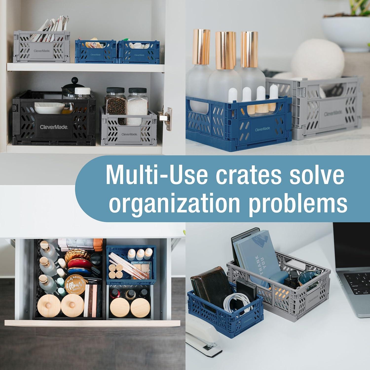 image:imageCleverMade Mini Collapsible Crates 6Pack Storage Bins 3 Sizes BlueGrayBlack