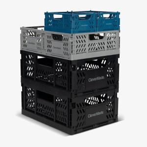 CleverMade Mini Collapsible Crates, 6-Pack Storage Bins, 3 Sizes, Blue/Gray/Black