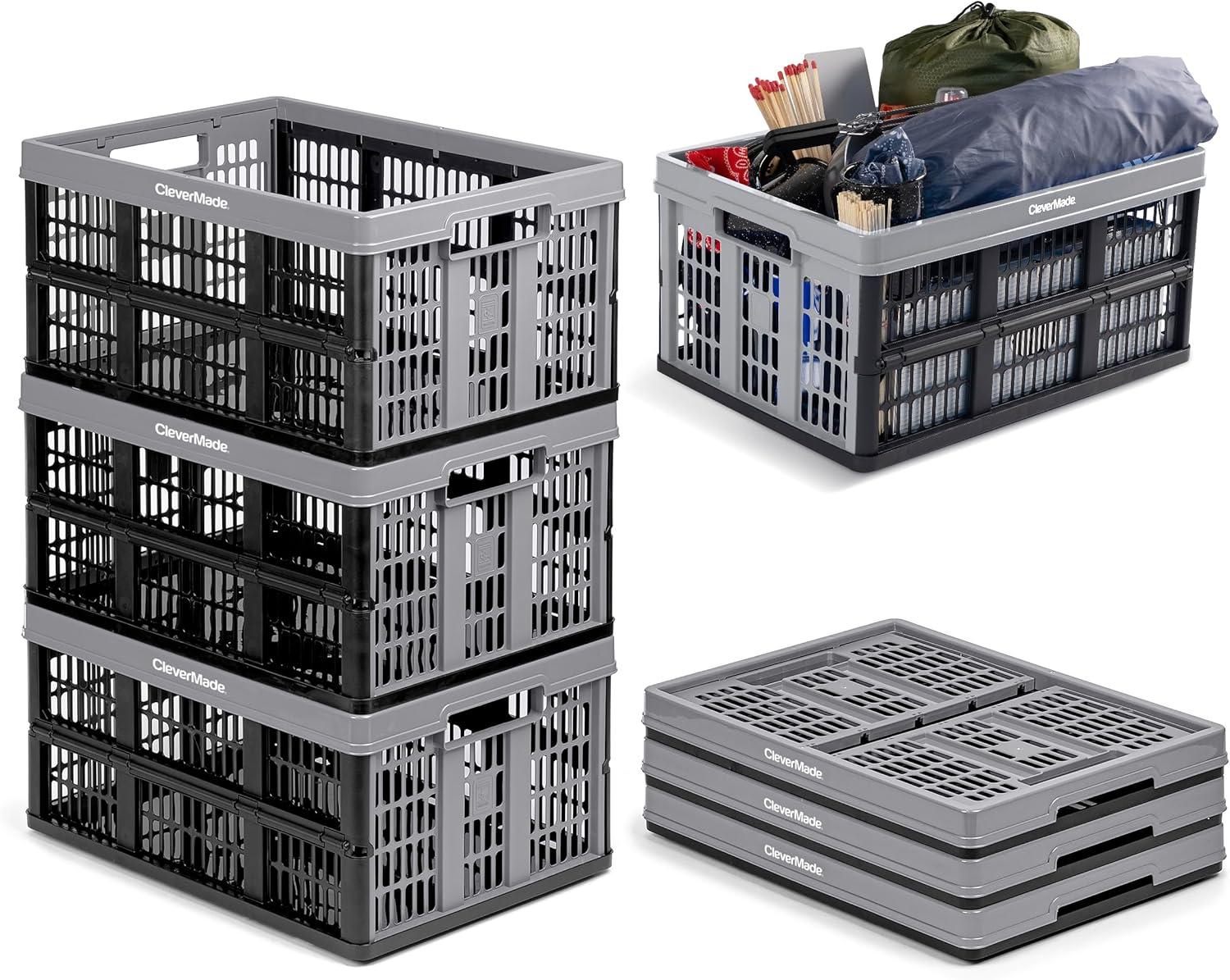 image:imageCleverMade Collapsible Milk Crate Red 1PK 25L 6 Gal Stackable Storage Bins Holds 50lbs Per Bin Clevercrates are Heavy Duty Plastic Collapsible Storage Crate for Multi PurposesStone