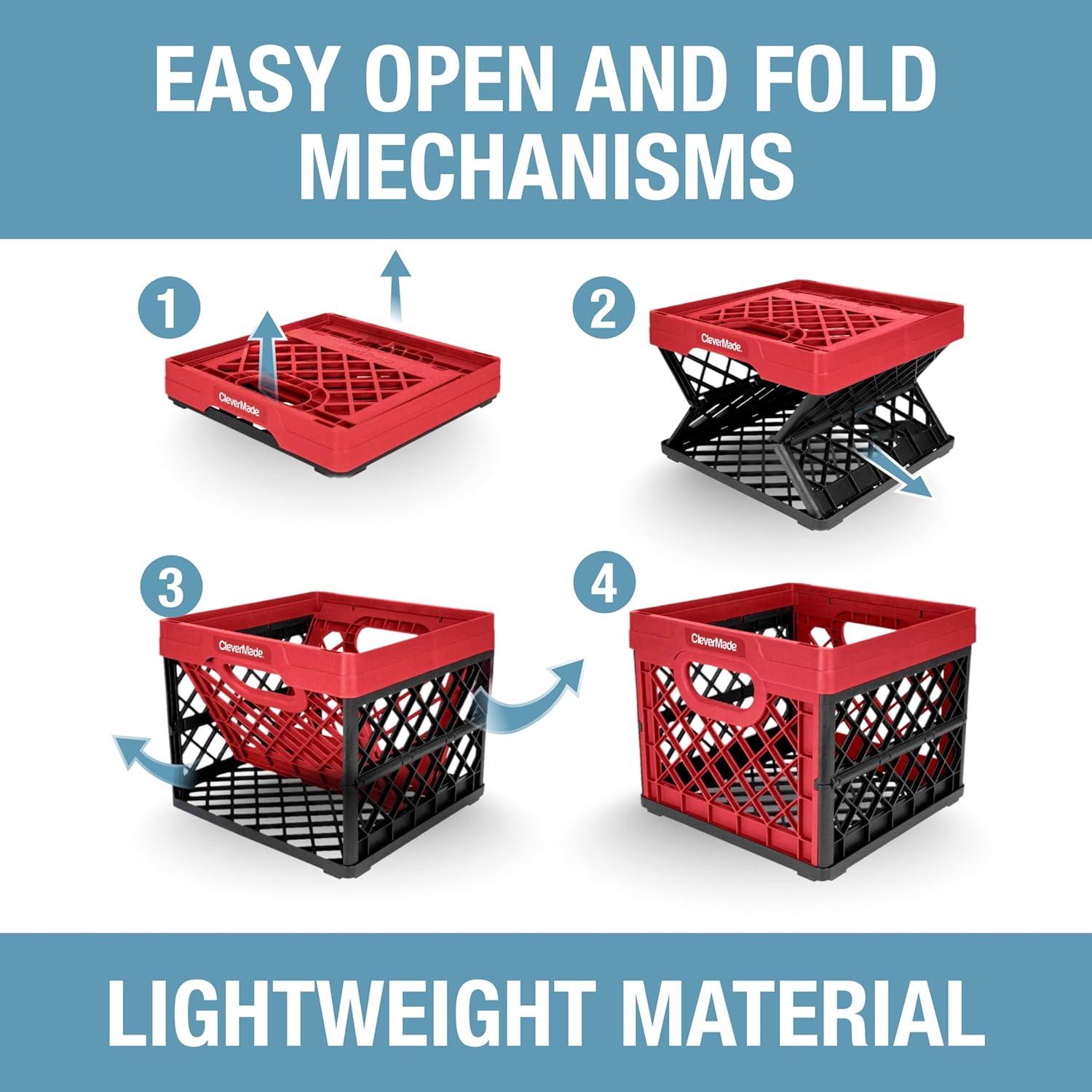 image:imageCleverMade Collapsible Milk Crate Red 1PK 25L 6 Gal Stackable Storage Bins Holds 50lbs Per Bin Clevercrates are Heavy Duty Plastic Collapsible Storage Crate for Multi PurposesRed