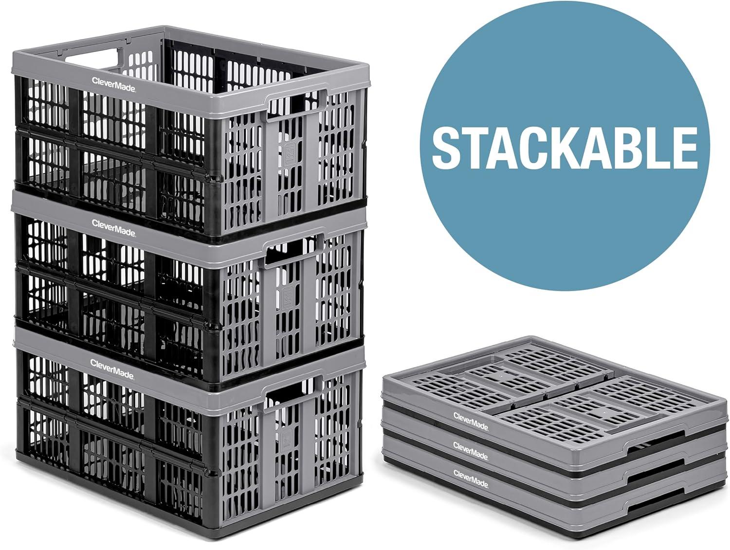 image:imageCleverMade Collapsible Milk Crate Red 1PK 25L 6 Gal Stackable Storage Bins Holds 50lbs Per Bin Clevercrates are Heavy Duty Plastic Collapsible Storage Crate for Multi PurposesStone