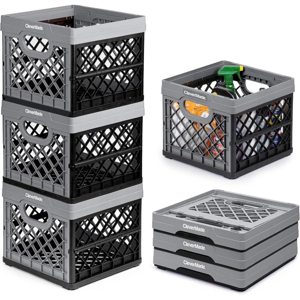 image:imageCleverMade Collapsible Milk Crate Red 1PK 25L 6 Gal Stackable Storage Bins Holds 50lbs Per Bin Clevercrates are Heavy Duty Plastic Collapsible Storage Crate for Multi PurposesStone
