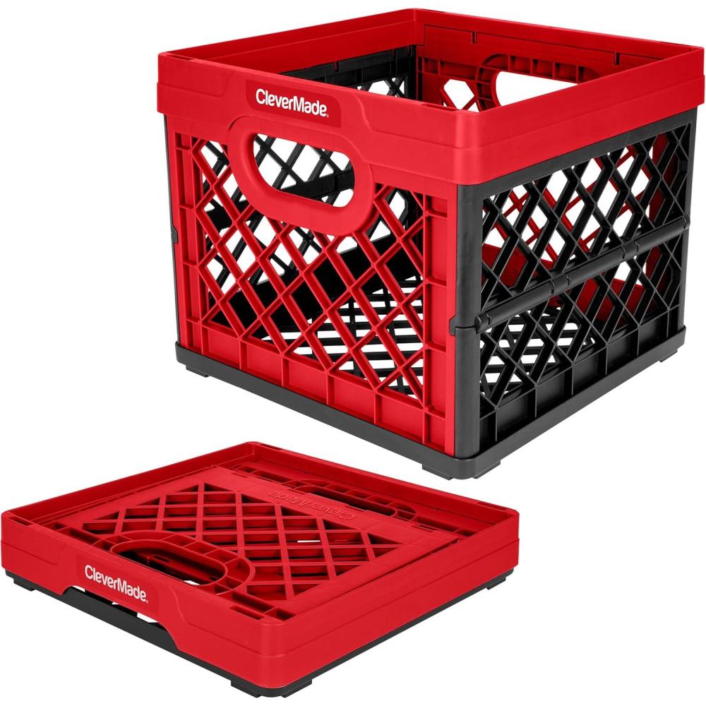 image:imageCleverMade Collapsible Milk Crate Red 1PK 25L 6 Gal Stackable Storage Bins Holds 50lbs Per Bin Clevercrates are Heavy Duty Plastic Collapsible Storage Crate for Multi PurposesRed