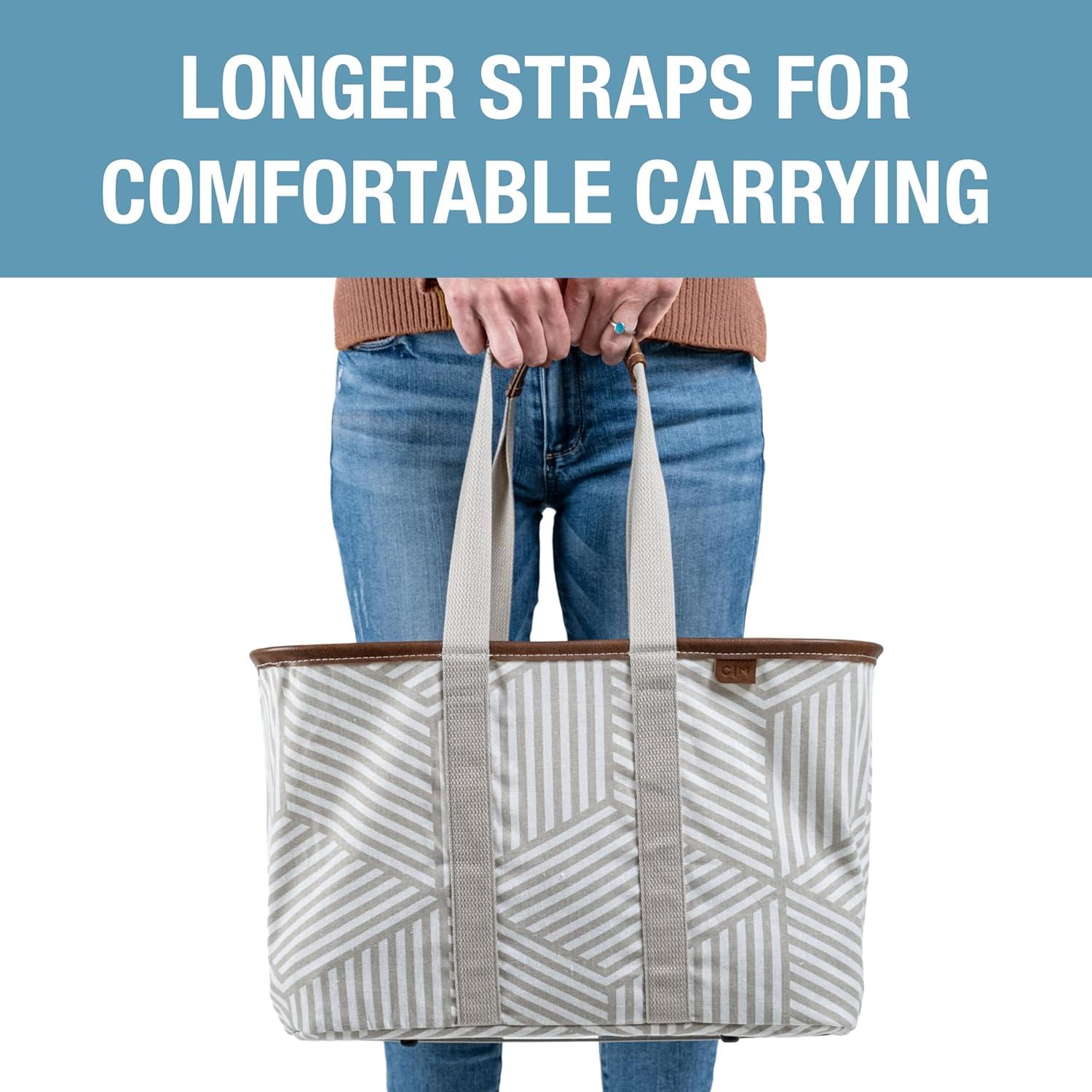 image:imageCleverMade Collapsible LUXE Tote Reusable Grocery Shopping Storage Bag Organizer wHandles Reinforced BottomGeometric Taupe