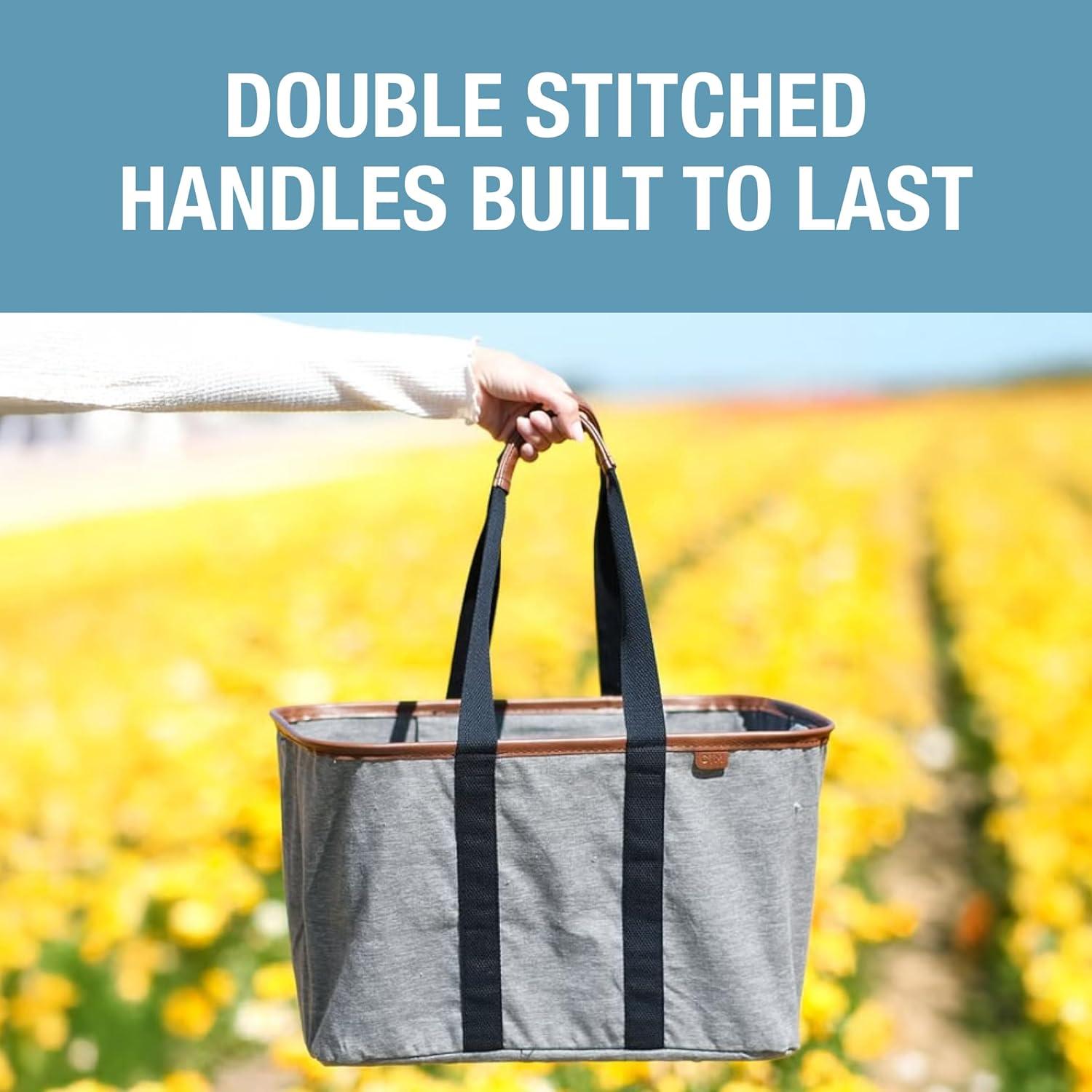 image:imageCleverMade Collapsible LUXE Tote Reusable Grocery Shopping Storage Bag Organizer wHandles Reinforced BottomHeather Gray