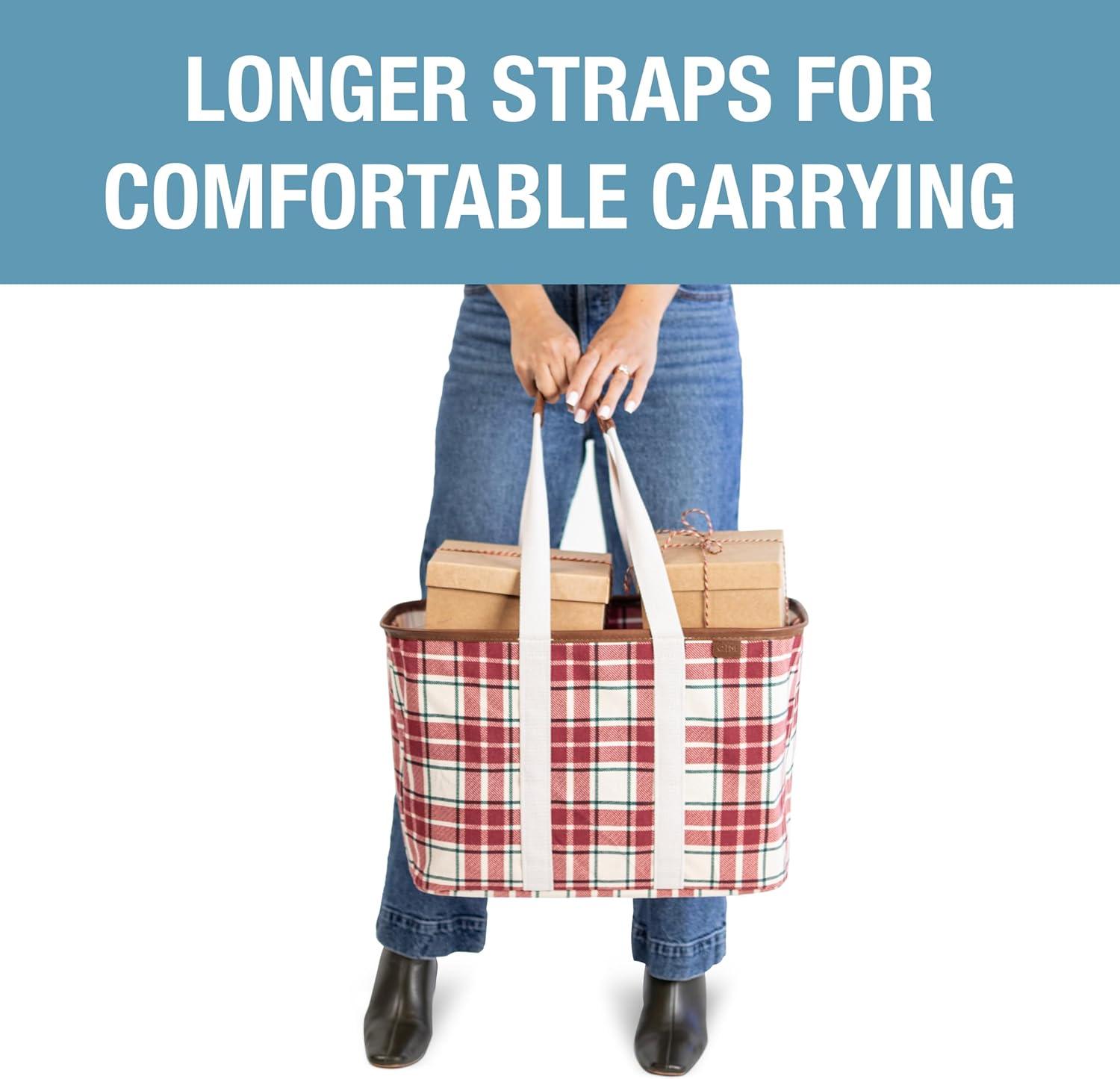 image:imageCleverMade Collapsible LUXE Tote Reusable Grocery Shopping Storage Bag Organizer wHandles Reinforced BottomRed Checker