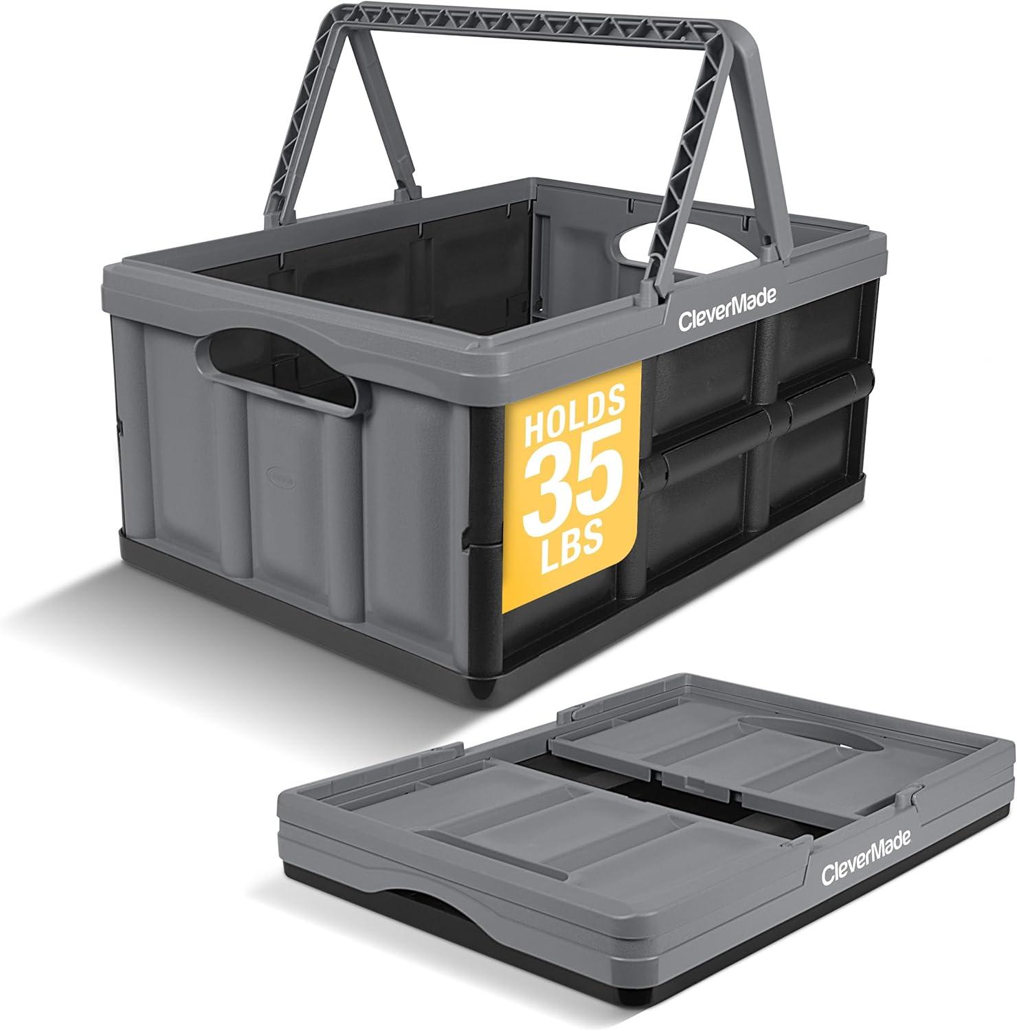 image:imageCleverMade Collapsible Shopping Basket 32L Folding Grocery Basket with Handles Stackable Reusable Storage Crate with 35 lb Capacity Recycled Plastic Car Trunk Organizer Stone GrayStone