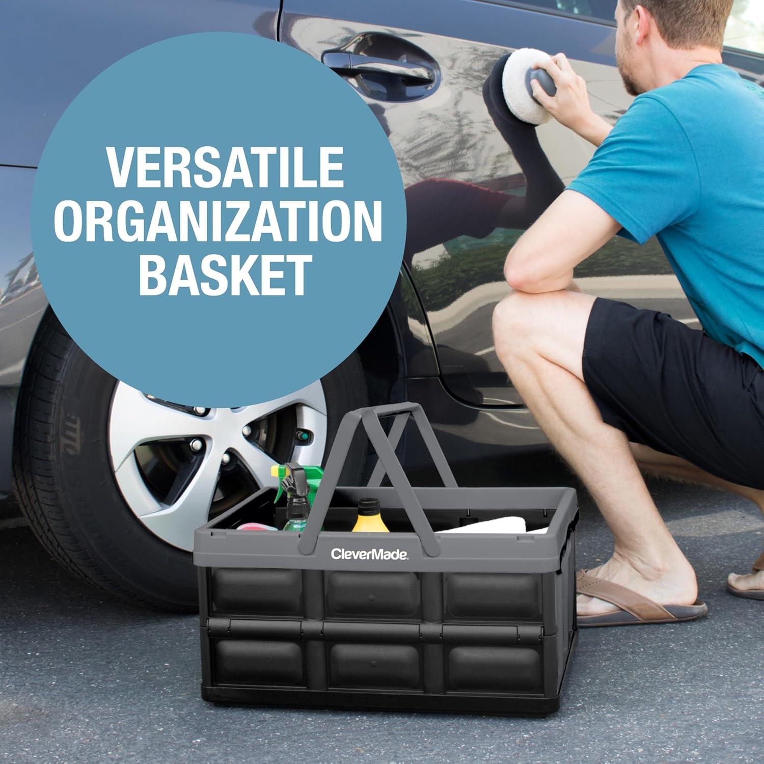 image:imageCleverMade Collapsible Shopping Basket 32L Folding Grocery Basket with Handles Stackable Reusable Storage Crate with 35 lb Capacity Recycled Plastic Car Trunk Organizer Stone GrayStone