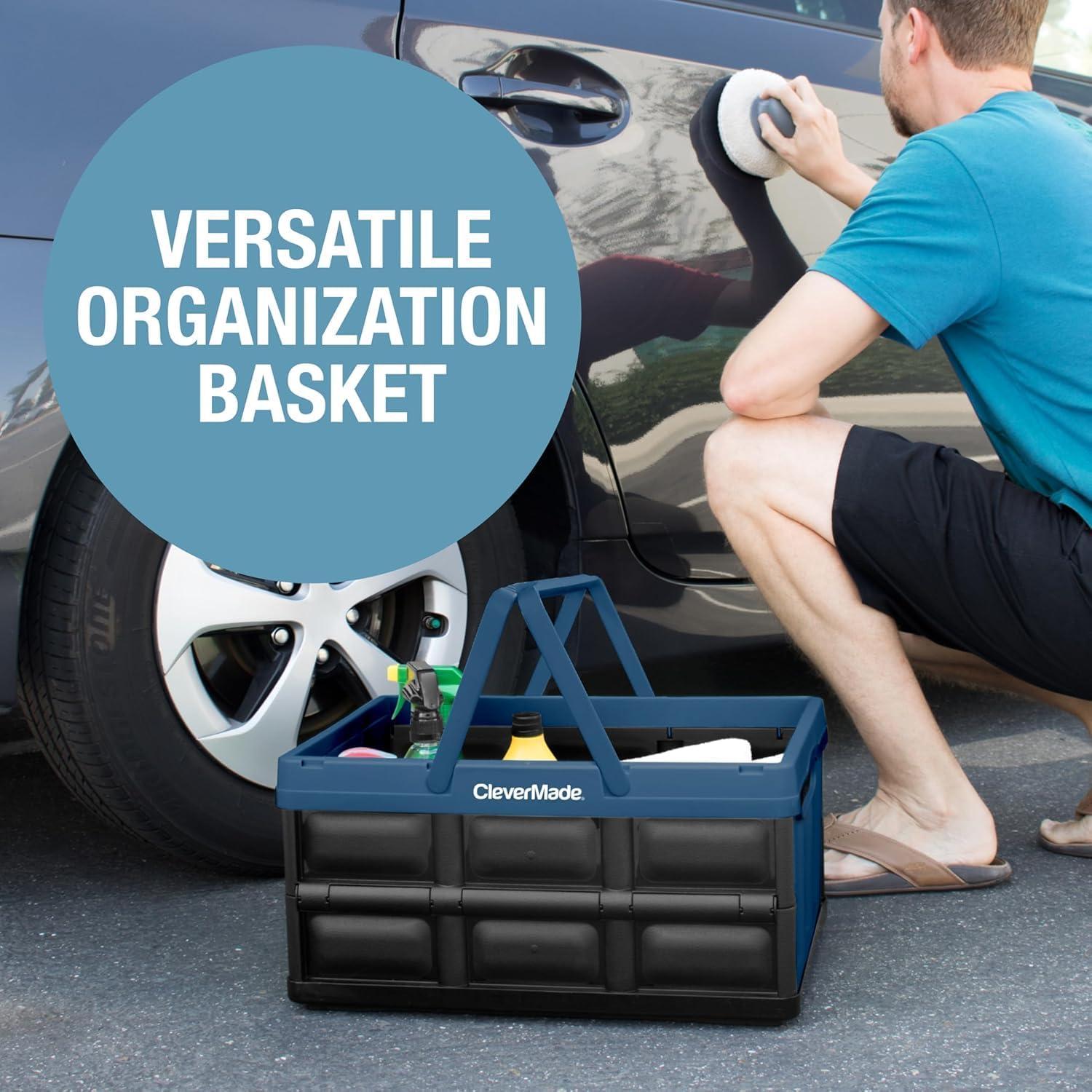 image:imageCleverMade Collapsible Shopping Basket 32L Folding Grocery Basket with Handles Stackable Reusable Storage Crate with 35 lb Capacity Recycled Plastic Car Trunk Organizer Stone GrayOcean