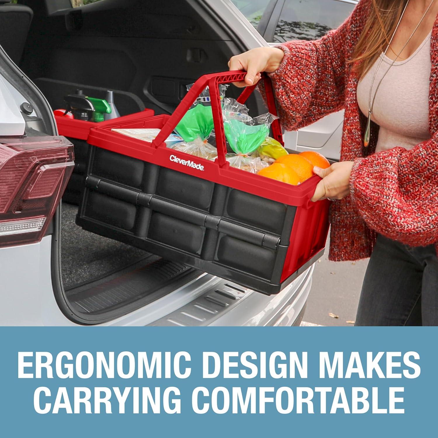 image:imageCleverMade Collapsible Shopping Basket 32L Folding Grocery Basket with Handles Stackable Reusable Storage Crate with 35 lb Capacity Recycled Plastic Car Trunk Organizer Stone GrayRed