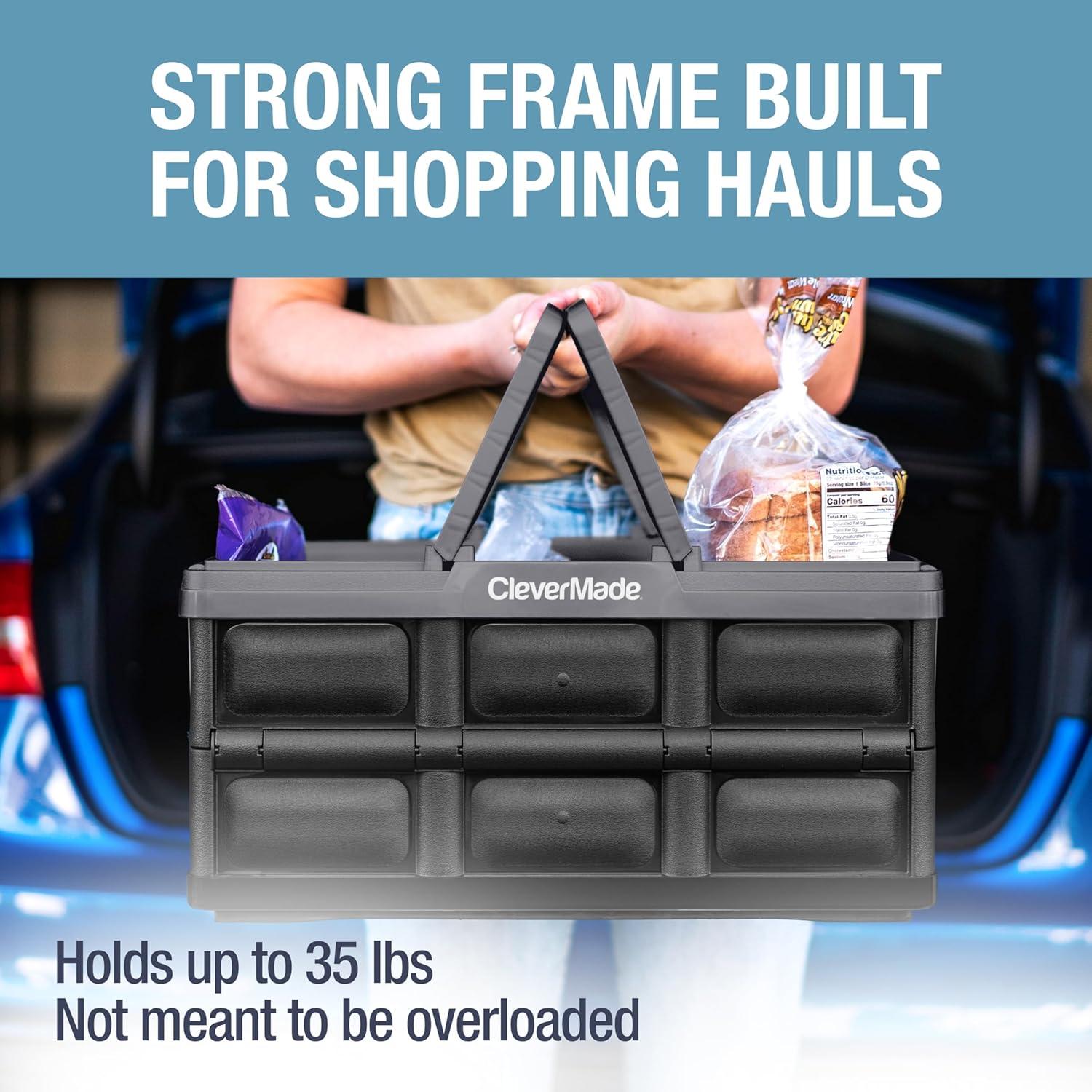 image:imageCleverMade Collapsible Shopping Basket 32L Folding Grocery Basket with Handles Stackable Reusable Storage Crate with 35 lb Capacity Recycled Plastic Car Trunk Organizer Stone GrayStone