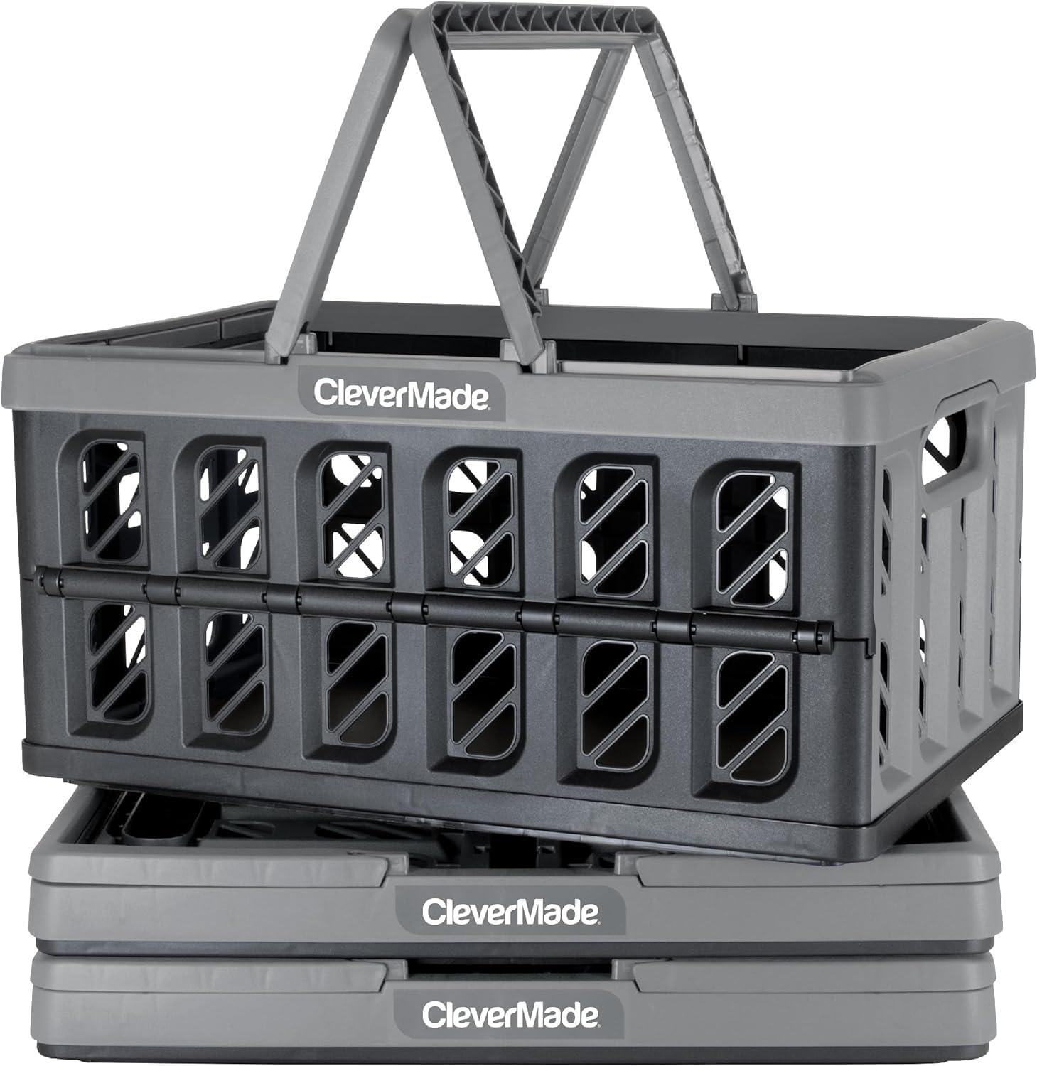 image:imageCleverMade Collapsible Shopping Basket 32L Folding Grocery Basket with Handles Stackable Reusable Storage Crate with 35 lb Capacity Recycled Plastic Car Trunk Organizer Stone GrayStone