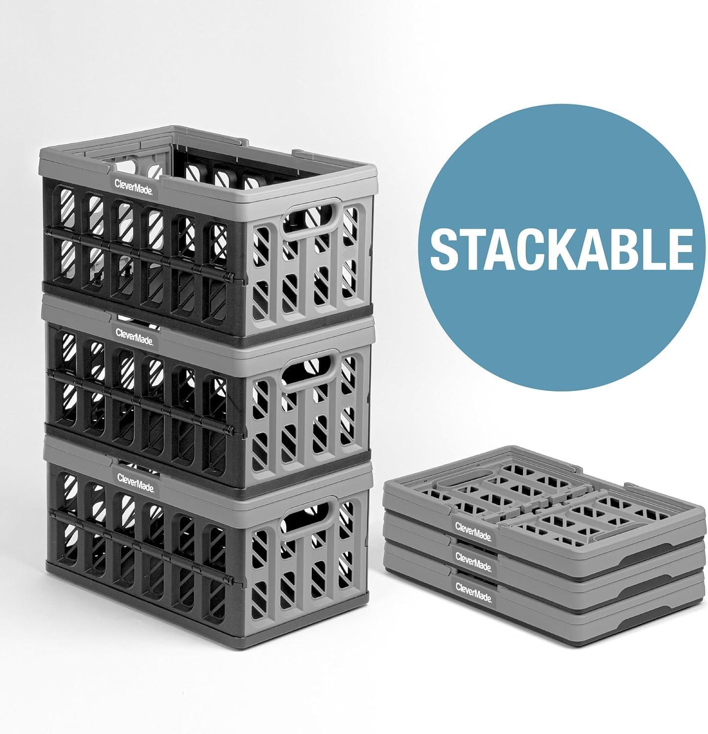 image:imageCleverMade Collapsible Shopping Basket 32L Folding Grocery Basket with Handles Stackable Reusable Storage Crate with 35 lb Capacity Recycled Plastic Car Trunk Organizer Stone GrayStone