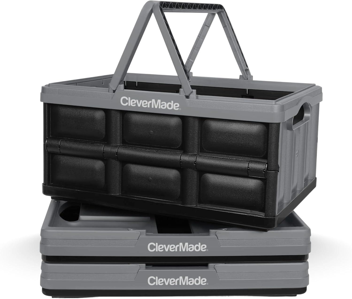 image:imageCleverMade Collapsible Shopping Basket 32L Folding Grocery Basket with Handles Stackable Reusable Storage Crate with 35 lb Capacity Recycled Plastic Car Trunk Organizer Stone GrayStone