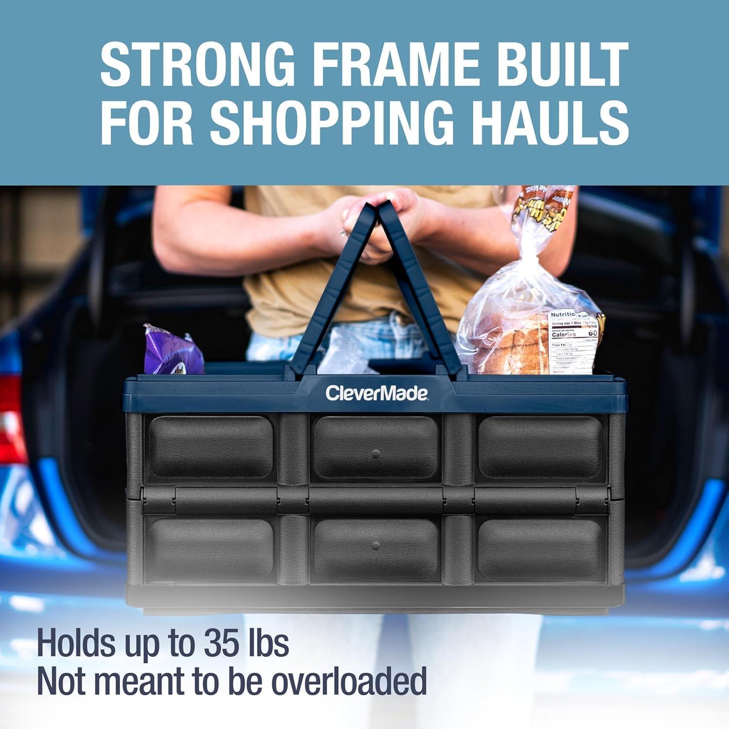 image:imageCleverMade Collapsible Shopping Basket 32L Folding Grocery Basket with Handles Stackable Reusable Storage Crate with 35 lb Capacity Recycled Plastic Car Trunk Organizer Stone GrayOcean