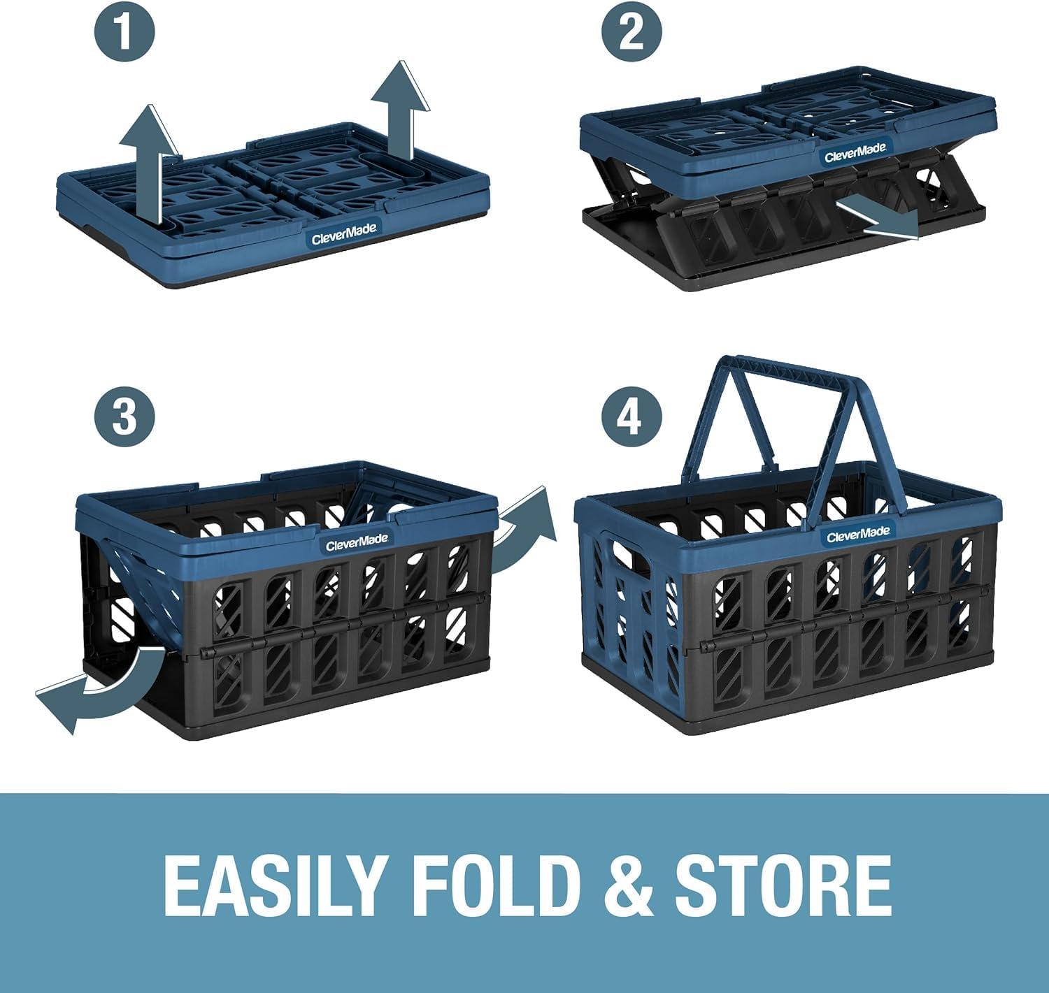 image:imageCleverMade Collapsible Shopping Basket 32L Folding Grocery Basket with Handles Stackable Reusable Storage Crate with 35 lb Capacity Recycled Plastic Car Trunk Organizer Stone GrayStone