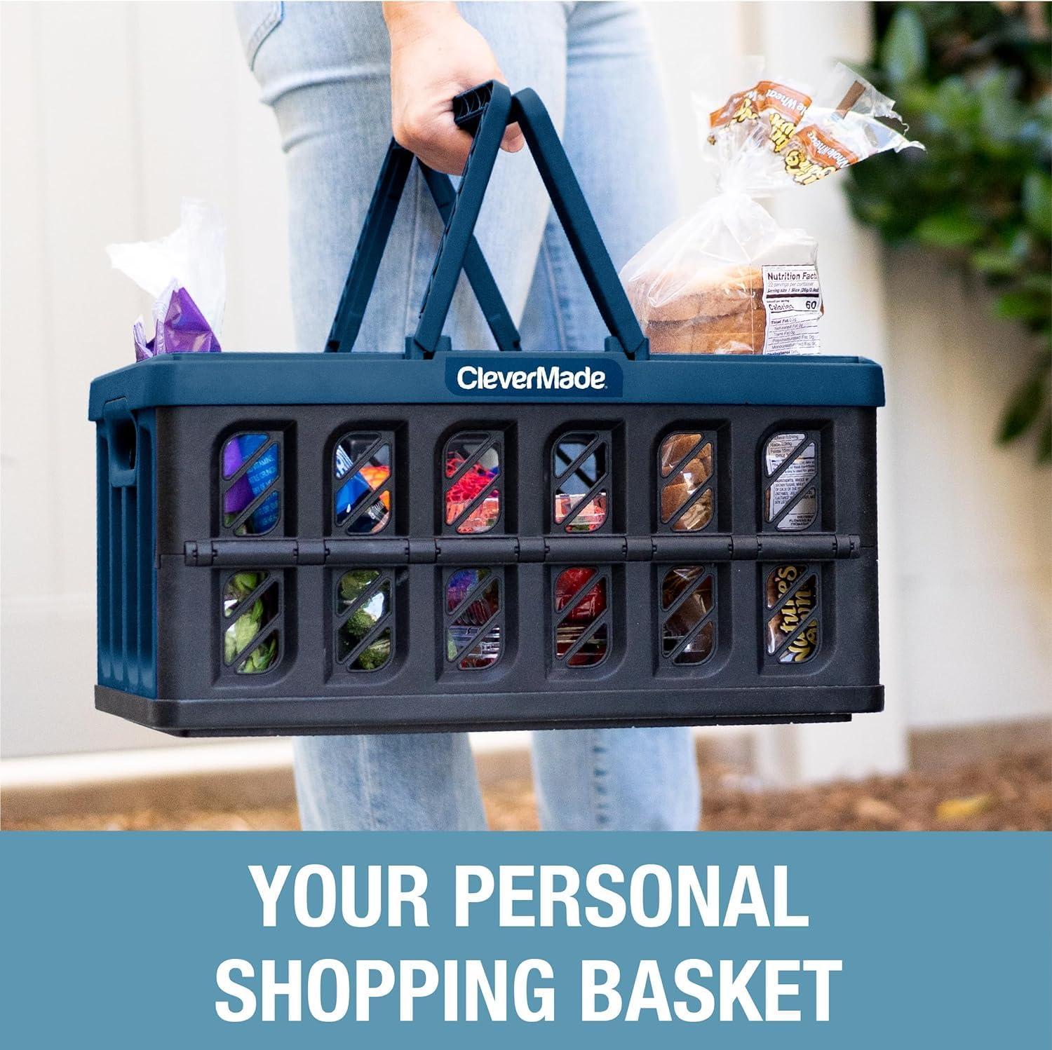 image:imageCleverMade Collapsible Shopping Basket 32L Folding Grocery Basket with Handles Stackable Reusable Storage Crate with 35 lb Capacity Recycled Plastic Car Trunk Organizer Stone GrayStone