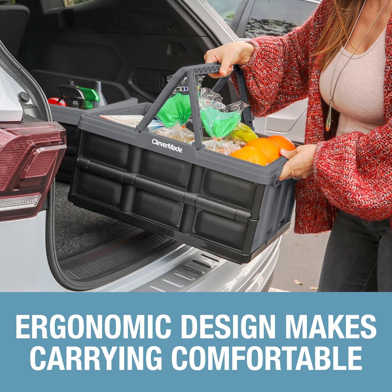 image:imageCleverMade Collapsible Shopping Basket 32L Folding Grocery Basket with Handles Stackable Reusable Storage Crate with 35 lb Capacity Recycled Plastic Car Trunk Organizer Stone GrayStone