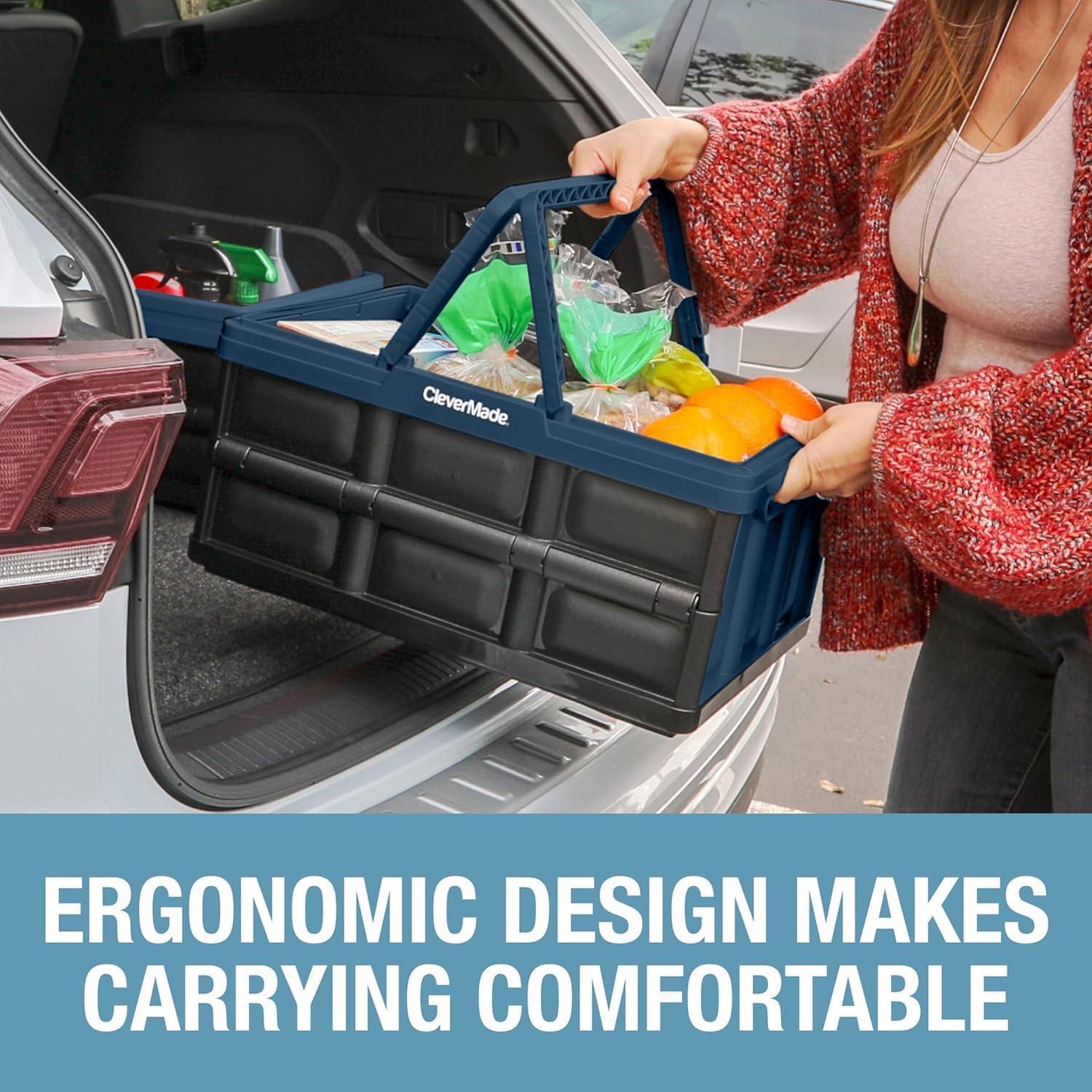 image:imageCleverMade Collapsible Shopping Basket 32L Folding Grocery Basket with Handles Stackable Reusable Storage Crate with 35 lb Capacity Recycled Plastic Car Trunk Organizer Stone GrayOcean