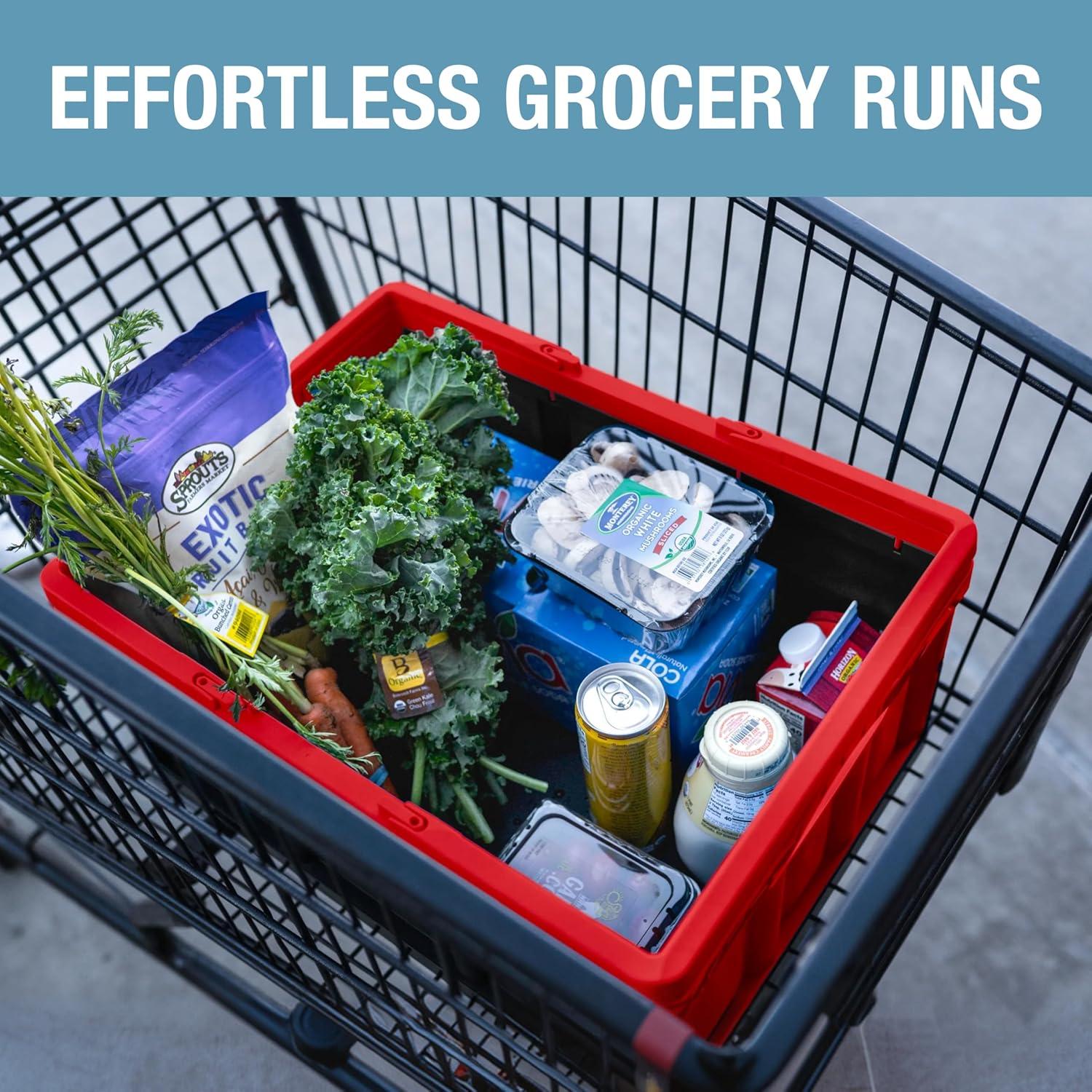 image:imageCleverMade Collapsible Shopping Basket 32L Folding Grocery Basket with Handles Stackable Reusable Storage Crate with 35 lb Capacity Recycled Plastic Car Trunk Organizer Stone GrayRed