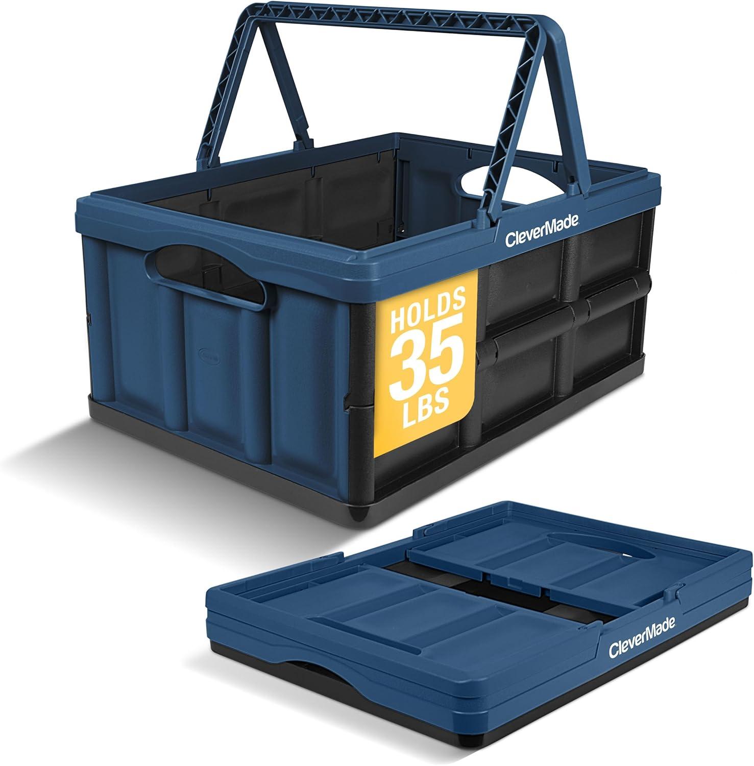 image:imageCleverMade Collapsible Shopping Basket 32L Folding Grocery Basket with Handles Stackable Reusable Storage Crate with 35 lb Capacity Recycled Plastic Car Trunk Organizer Stone GrayOcean