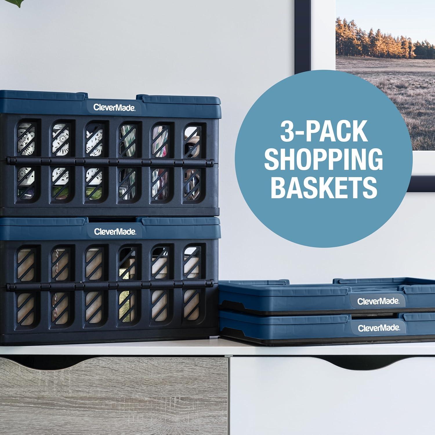 image:imageCleverMade Collapsible Shopping Basket 32L Folding Grocery Basket with Handles Stackable Reusable Storage Crate with 35 lb Capacity Recycled Plastic Car Trunk Organizer Stone GrayOcean