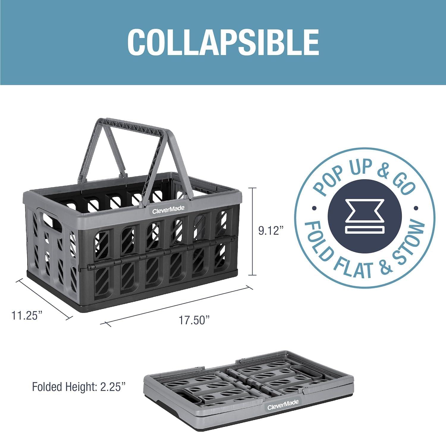 image:imageCleverMade Collapsible Shopping Basket 32L Folding Grocery Basket with Handles Stackable Reusable Storage Crate with 35 lb Capacity Recycled Plastic Car Trunk Organizer Stone GrayStone