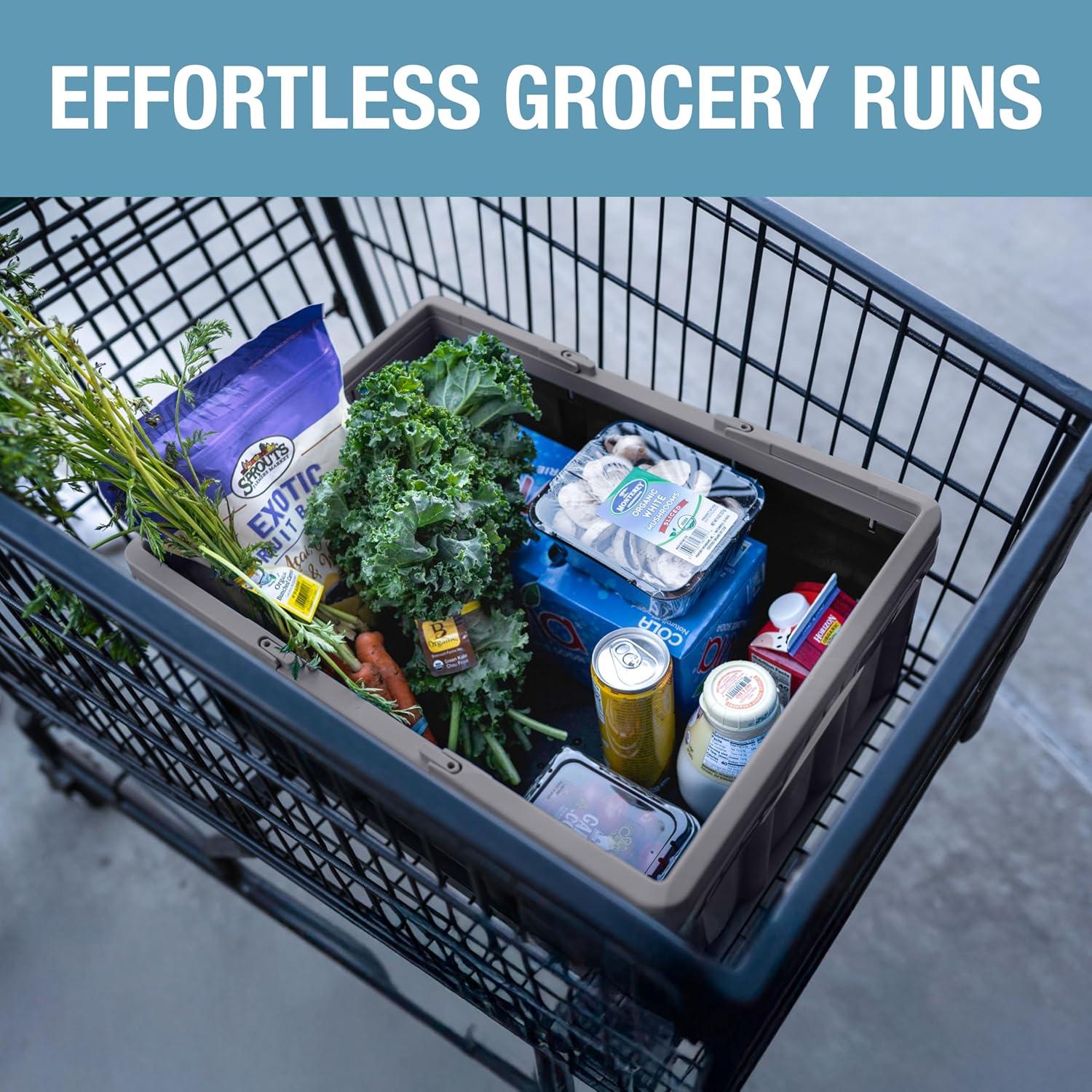 image:imageCleverMade Collapsible Shopping Basket 32L Folding Grocery Basket with Handles Stackable Reusable Storage Crate with 35 lb Capacity Recycled Plastic Car Trunk Organizer Stone GrayStone