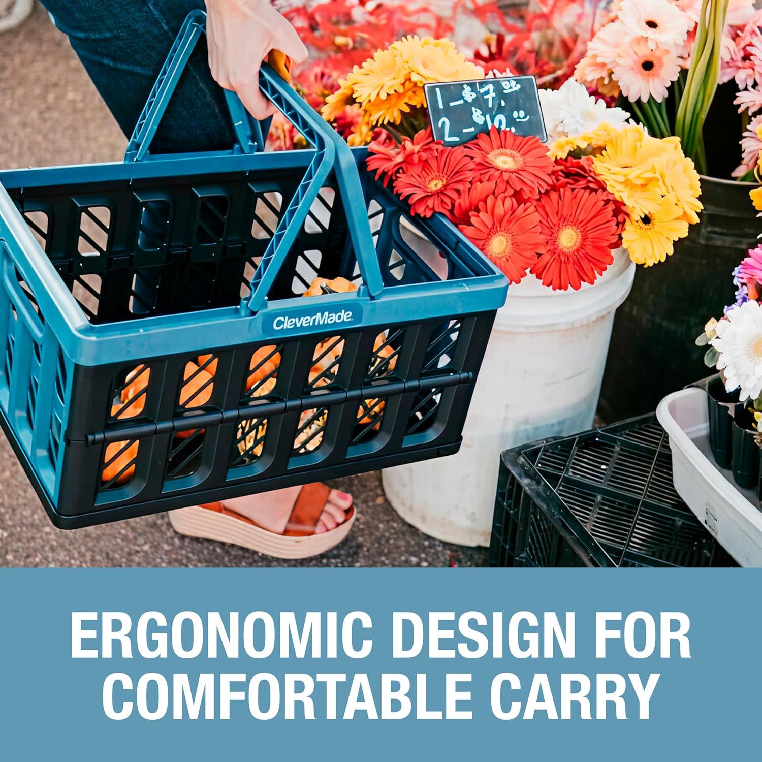 image:imageCleverMade Collapsible Shopping Basket 32L Folding Grocery Basket with Handles Stackable Reusable Storage Crate with 35 lb Capacity Recycled Plastic Car Trunk Organizer Stone GrayObsidian