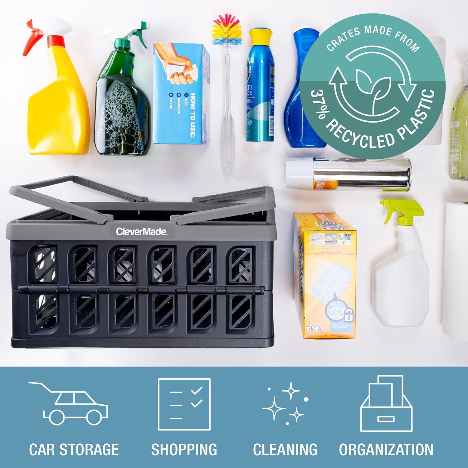 image:imageCleverMade Collapsible Shopping Basket 32L Folding Grocery Basket with Handles Stackable Reusable Storage Crate with 35 lb Capacity Recycled Plastic Car Trunk Organizer Stone GrayStone