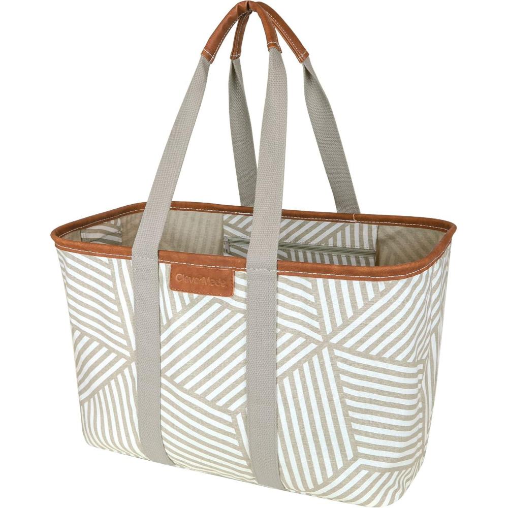 image:imageCleverMade Collapsible LUXE Tote Reusable Grocery Shopping Storage Bag Organizer wHandles Reinforced BottomGeometric Taupe