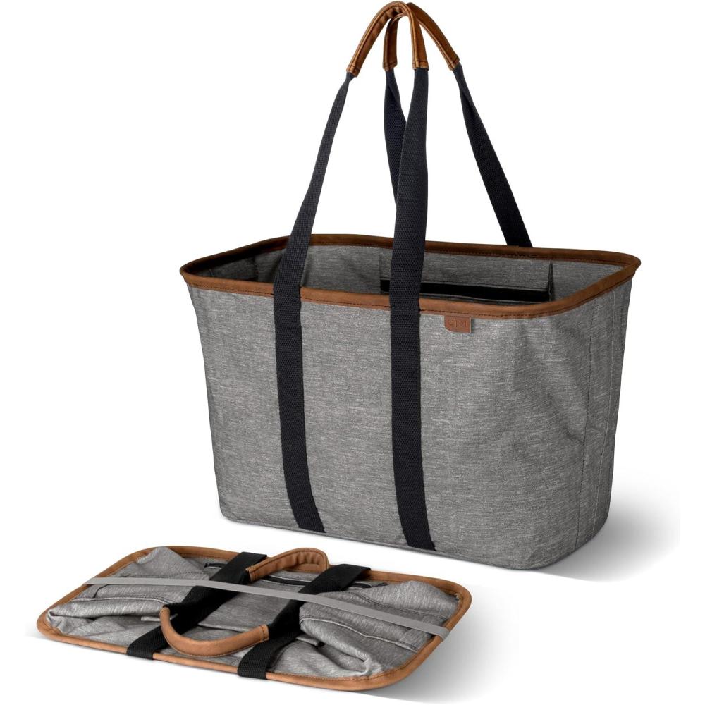 image:imageCleverMade Collapsible LUXE Tote Reusable Grocery Shopping Storage Bag Organizer wHandles Reinforced BottomHeather Gray