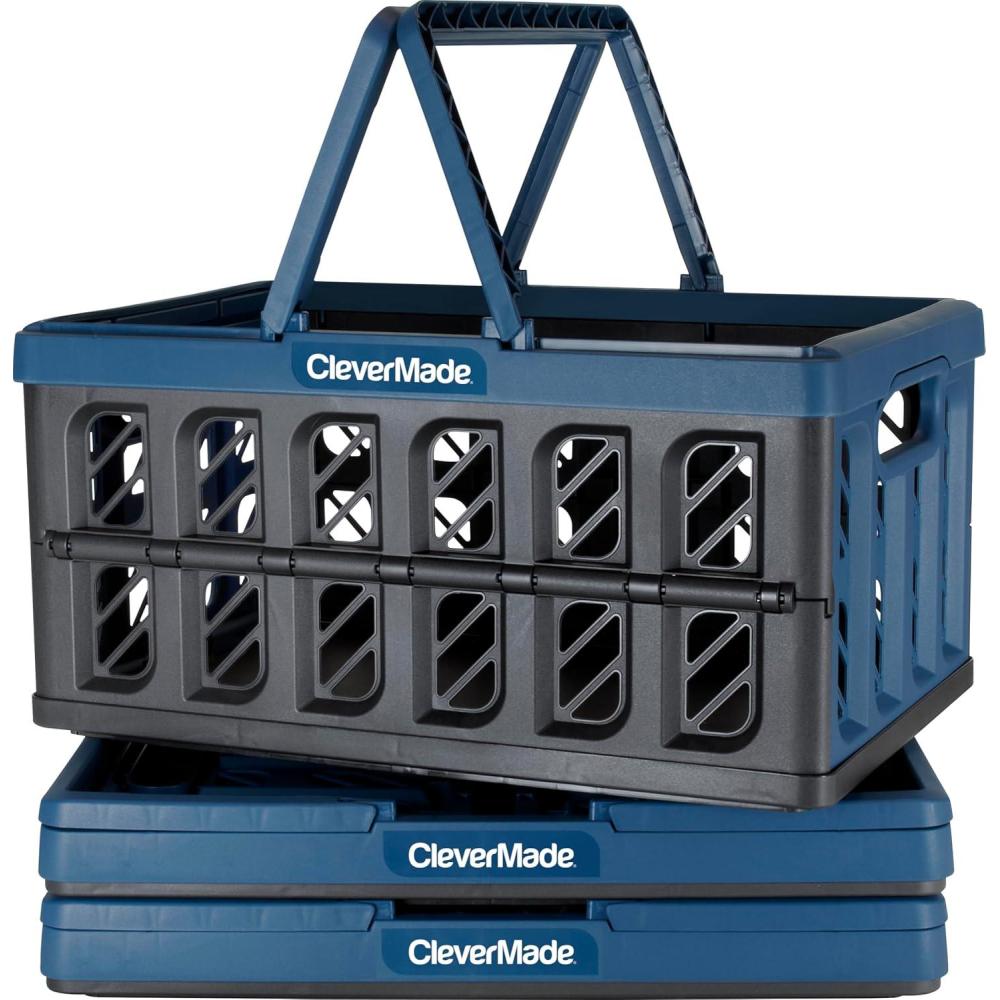image:imageCleverMade Collapsible Shopping Basket 32L Folding Grocery Basket with Handles Stackable Reusable Storage Crate with 35 lb Capacity Recycled Plastic Car Trunk Organizer Stone GrayOcean