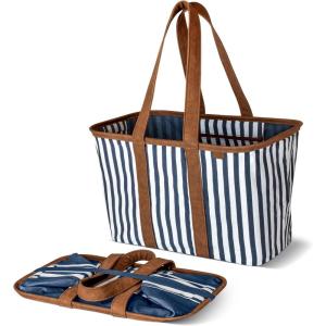 CleverMade Collapsible LUXE Tote – Reusable Grocery Shopping Storage Bag Organizer w/Handles Reinforced Bottom(Navy Stripe)