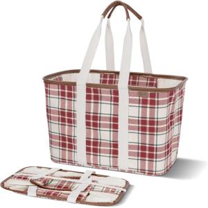 CleverMade Collapsible LUXE Tote – Reusable Grocery Shopping Storage Bag Organizer w/Handles Reinforced Bottom(Red Checker)