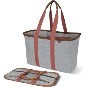 CleverMade Collapsible LUXE Tote – Reusable Grocery Shopping Storage Bag Organizer w/Handles Reinforced Bottom(Rose Herringbone)