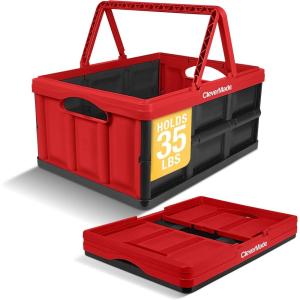 CleverMade Collapsible Shopping Basket 32L – Folding Grocery Basket with Handles, Stackable Reusable Storage Crate with 35 lb Capacity, Recycled Plastic, Car Trunk Organizer – Stone Gray(Red)
