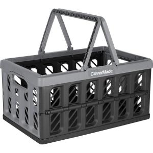 CleverMade Collapsible Shopping Basket 32L – Folding Grocery Basket with Handles, Stackable Reusable Storage Crate with 35 lb Capacity, Recycled Plastic, Car Trunk Organizer – Stone Gray(Stone)