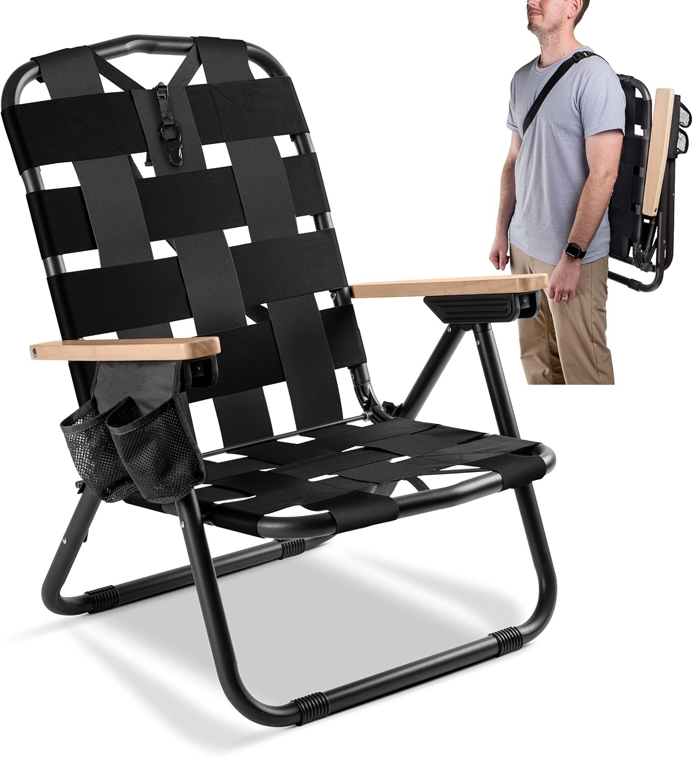 image:imageCleverMade Kove Midnight Black Beach Camping Chair Hands Free Carrying Strap Real Wood Handles amp 2 Cup Holders Foldable Reclining Low Profile Collapsible Lawn Chair Holds 300 lbsBlack