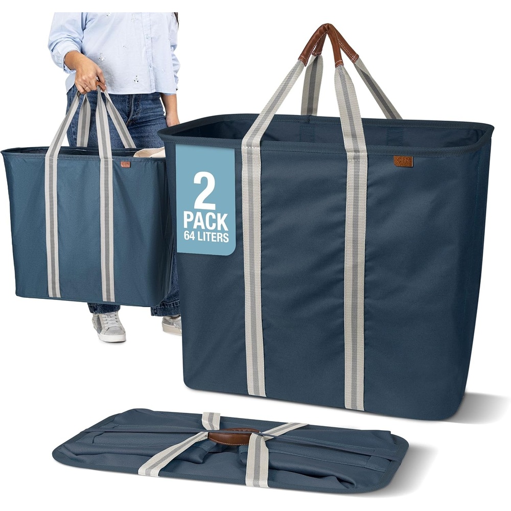 image:imageCleverMade Collapsible Laundry Caddy Black Charcoal 2Pack 64L Foldable Storage Organization Container for Clothes Laundry Room Storage SolutionLUXE Navy Noir