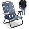 CleverMade Kove Midnight Black Beach Camping Chair, Hands Free Carrying Strap + Real Wood Handles & 2 Cup Holders, Foldable Reclining Low Profile Collapsible Lawn Chair, Holds 300 lbs(Blue)