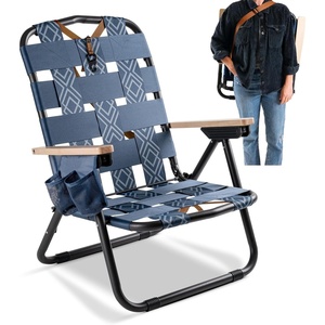 CleverMade Kove Midnight Black Beach Camping Chair, Hands Free Carrying Strap + Real Wood Handles & 2 Cup Holders, Foldable Reclining Low Profile Collapsible Lawn Chair, Holds 300 lbs(Blue)